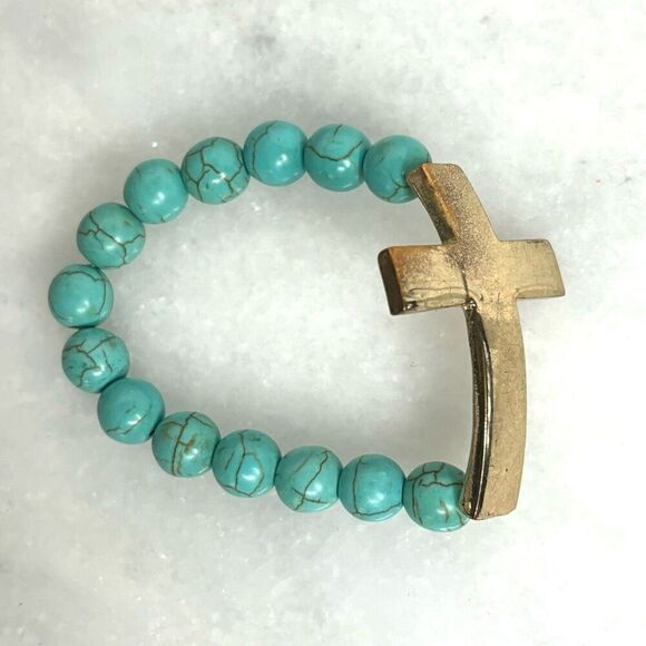 Handmade Goldtone Cross Turquoise Elastic Stretch Beaded Bracelet OS - Picture 1 of 4